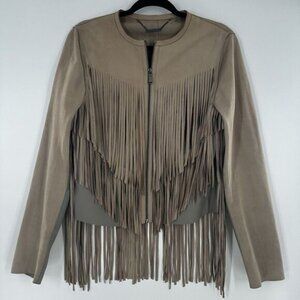 Elie Tahari Paulina Women Sz M Fringe Jacket Tan Taupe Goat‎ Leather Zip Up